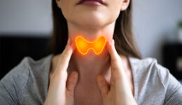 Closeup Of A Woman Holding Her Hand To Her Throat With Her Thyroid Gland Highlighted In Orange Graves’ Vs Hashimoto’s Disease