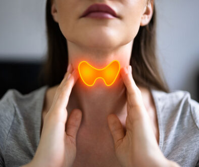 Closeup Of A Woman Holding Her Hand To Her Throat With Her Thyroid Gland Highlighted In Orange Graves’ Vs Hashimoto’s Disease